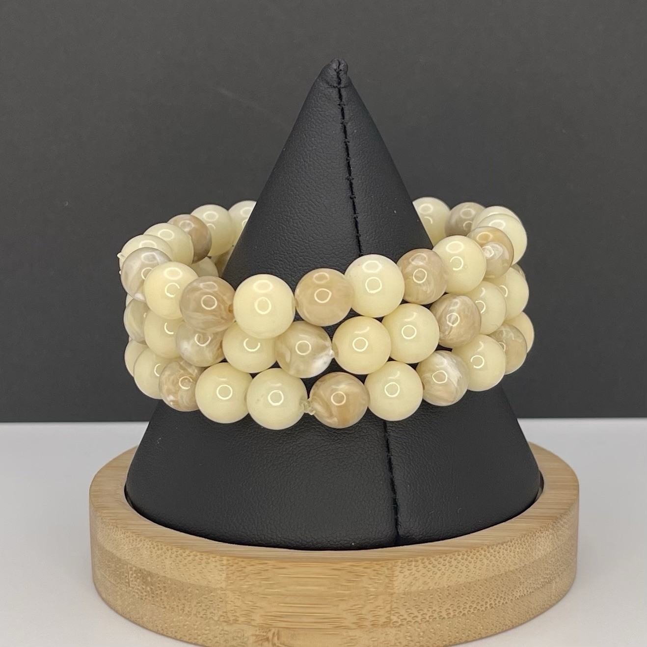 Beaded Bracelets Set Cream Marbled Neutral Stretch Boho Stackable