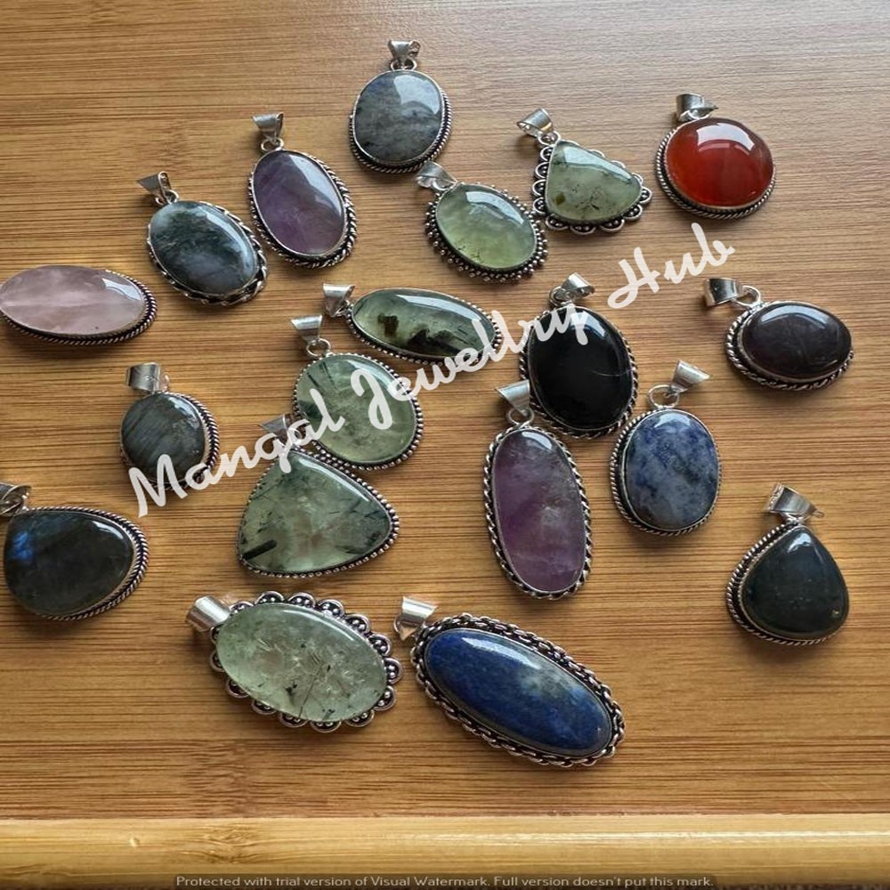 Ethnic Prehnite & Mix Gemstone Pendants Lot 925 Sterling Silver Plated Jewellery