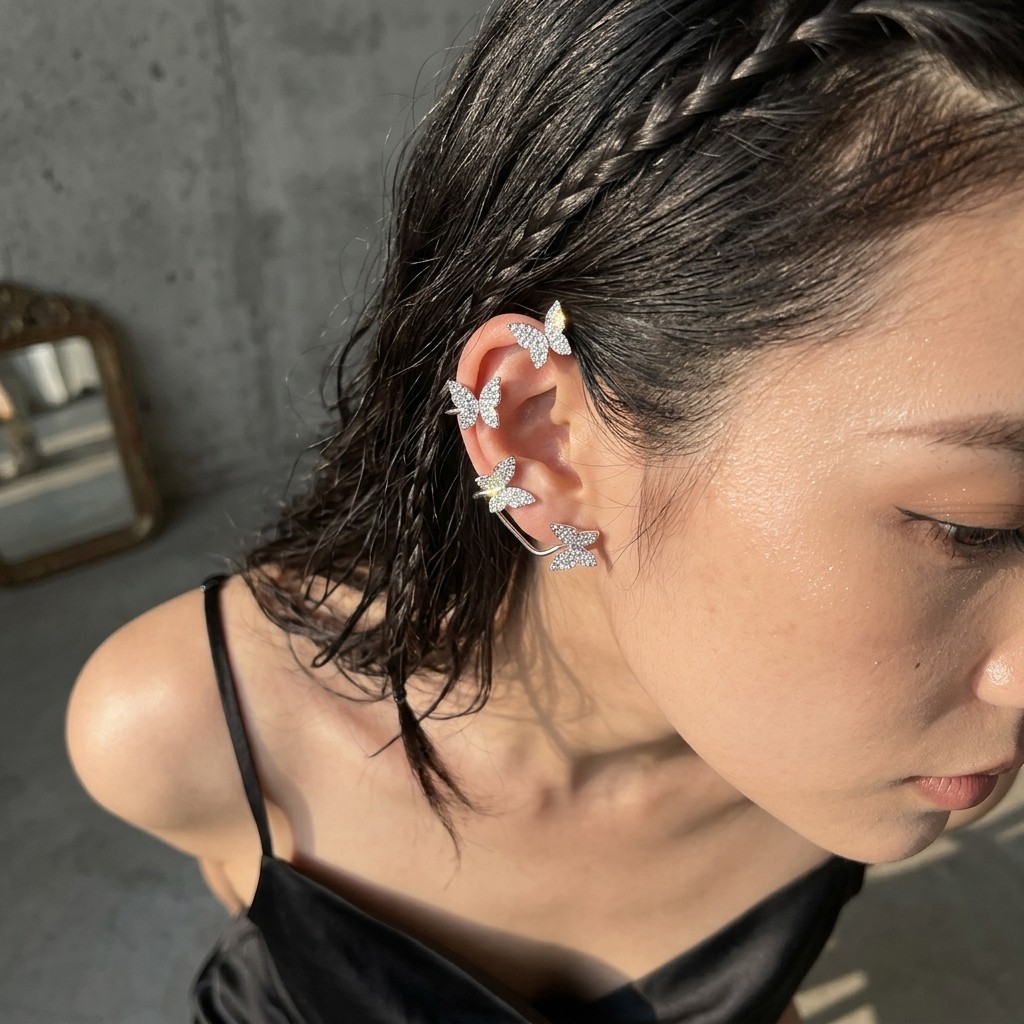 Silver Tone Crystal Butterfly Ear Cuff Set, 2Pcs Non-Pierced Ear Clips