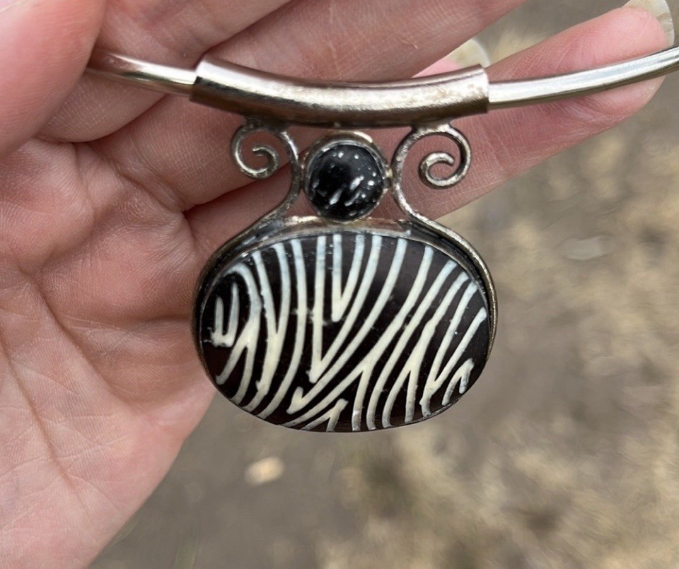 Batik Zebra Dyed Bone Pendant Necklace Silver Tone Torc Jewelry