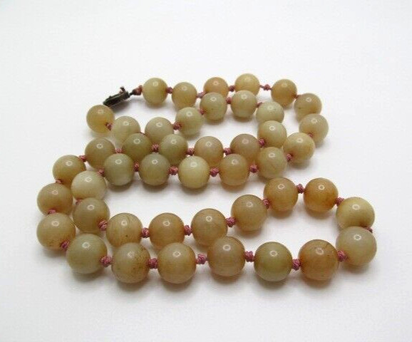 Vintage Yellow Green Jade 11.5mm Stone Pink Cord Knotted Bead Necklace 26 In