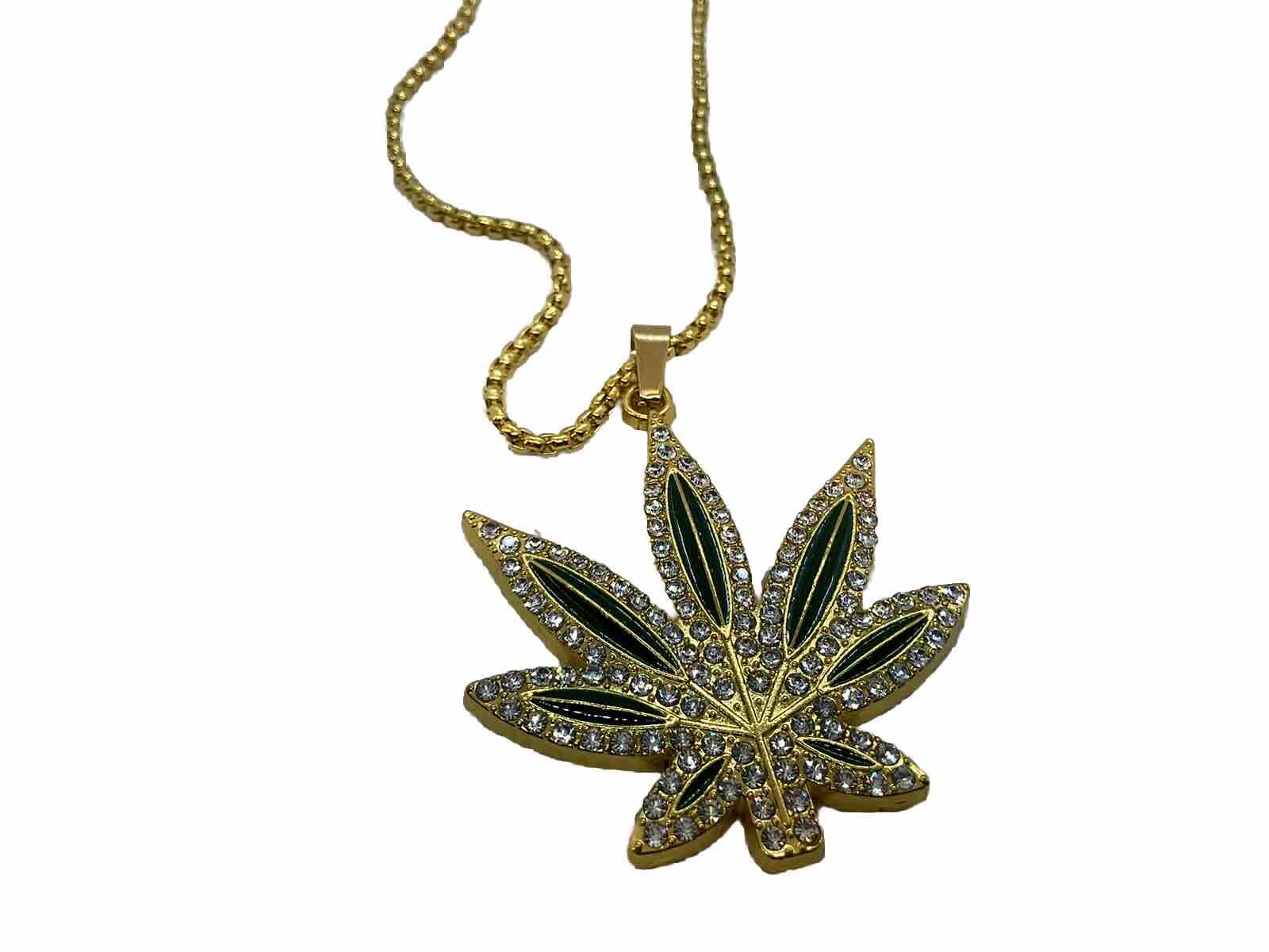 MARIJUANA LEAF NECKLACE Gold Weed Makes A Great Gift Pendant & Golden Chain