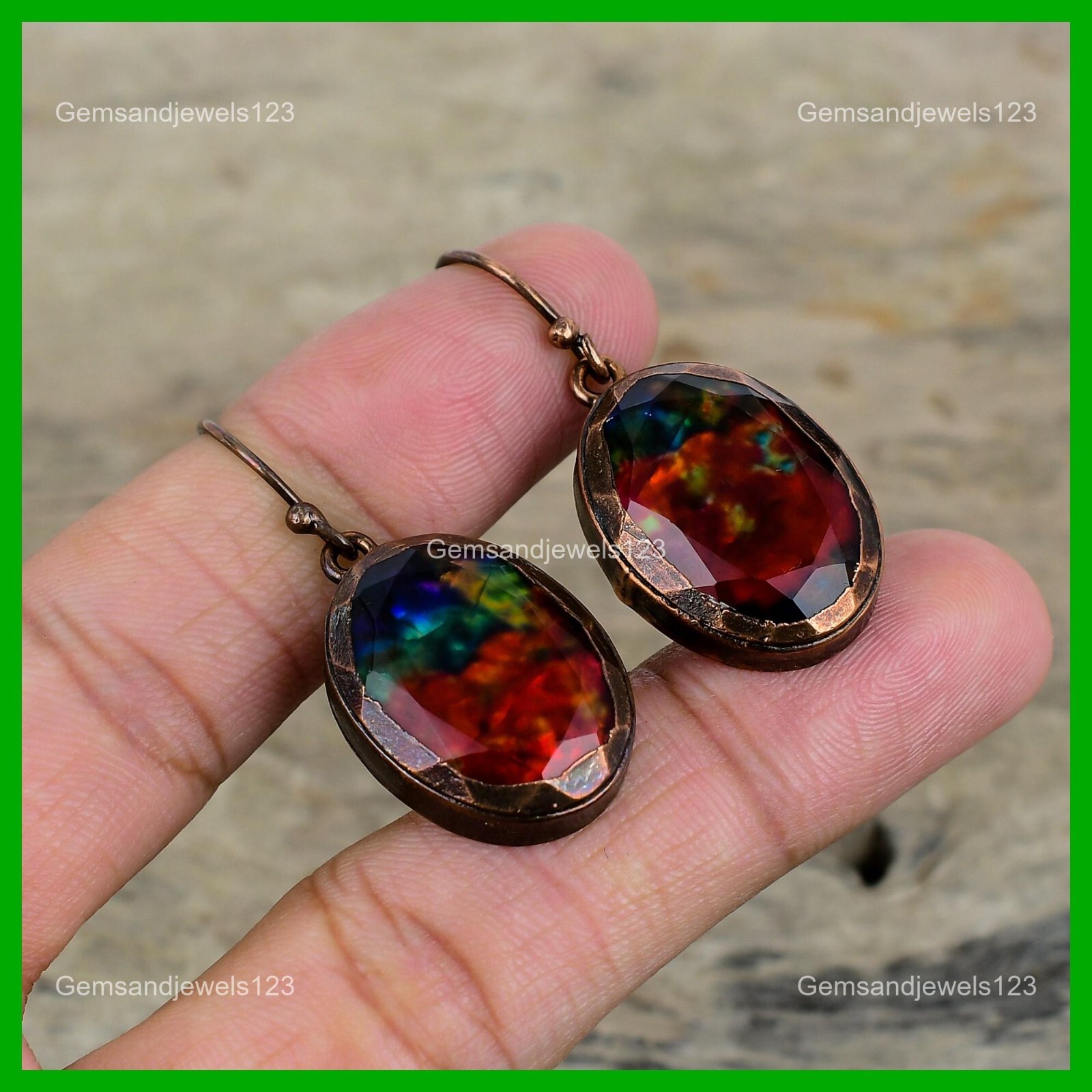Mothers day Deal Ammolite Stone Dangling Electroformed Earrings Jewelry Copper