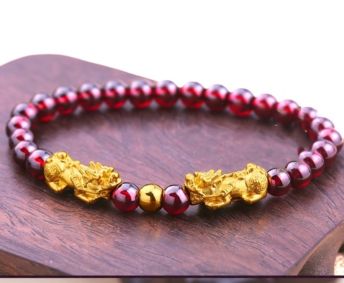 New Pure24K Yellow Gold Bracelet 14*6mm Two 3D Pixiu Link 3mm Lucky Bead& Garnet