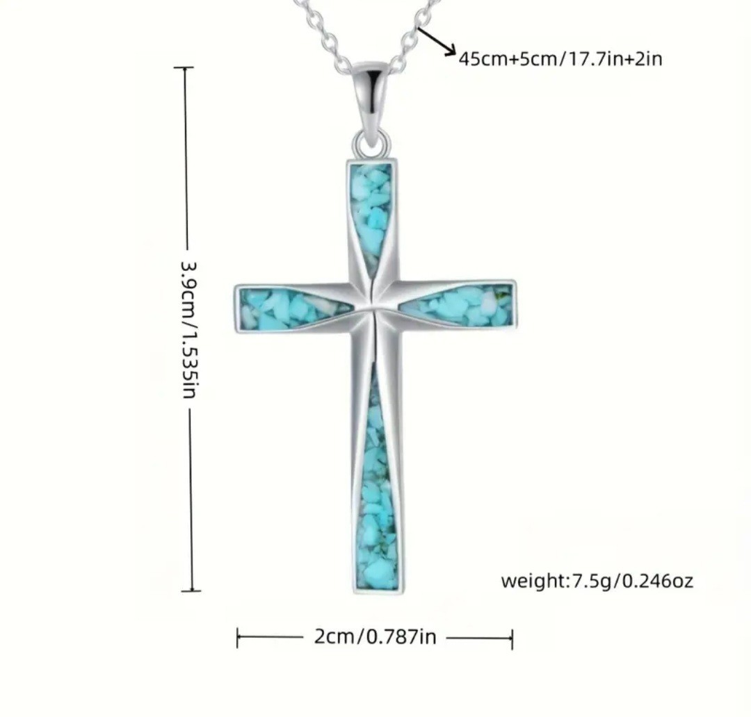 Silver Plated Turquoise Cross Pendant Necklace – Cable Chain, Blue Stone, 17.7in