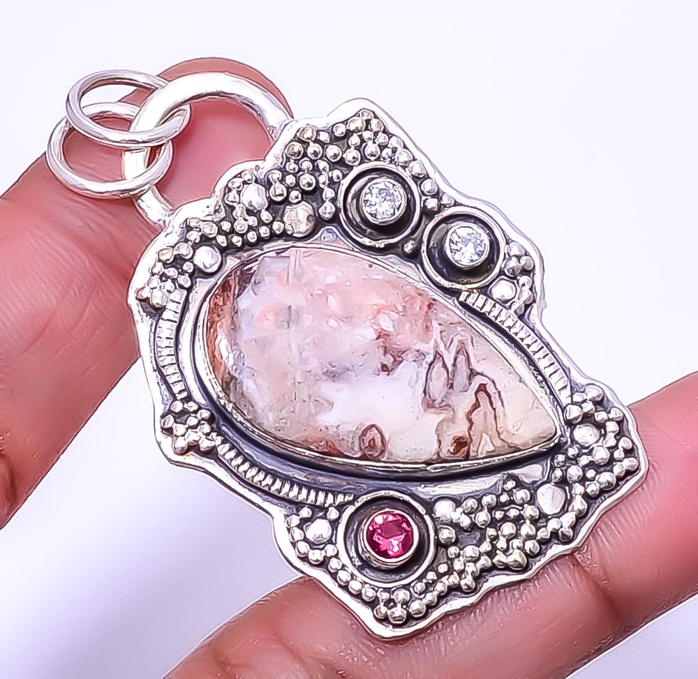 Rosetta Jasper & White Topaz Gemstone 925 Sterling Silver Pendant 1.95″ A389