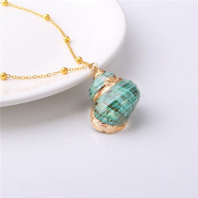 Green Turban Shell Pendant Necklace Gold Sea Nautical Mermaid Boho Jewelry