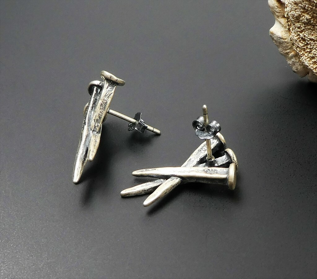 Antiqued Solid 925 Sterling Silver Triple Nails Post Stud Earrings Unique Gothic