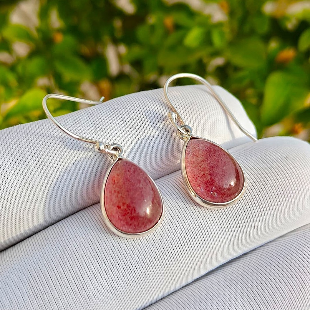 Natural Handmade Pink Strawberry Gemstone Earring 925 Sterling Silver Jewelry