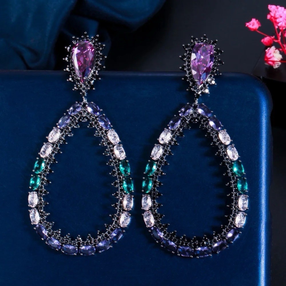 Unique Oval Shape Multicolor Cubic Zirconia Oversize Long Large Drop Earrings
