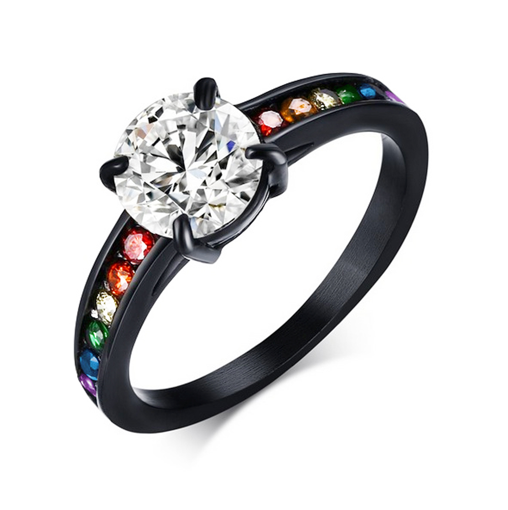 Pride Shack- Dreamy Black Rainbow CZ Ring – Lesbian Engagement Ring Gay Pride