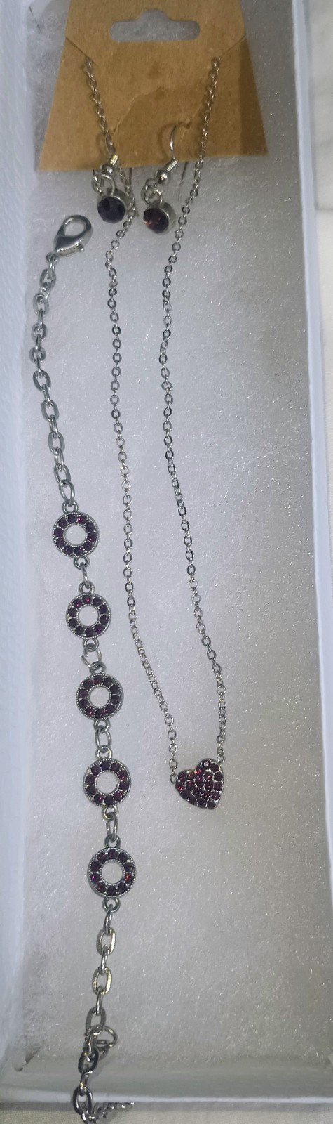Silver Tone Necklace With Red Heart Charm With Earrings And Bracelet…