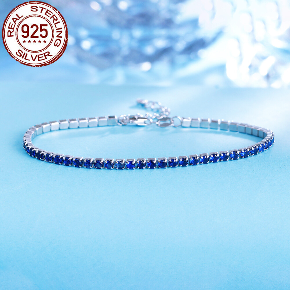 Royal Blue Round Cubic Zircon 925 Sterling Silver Tennis Bracelet for Women Gift