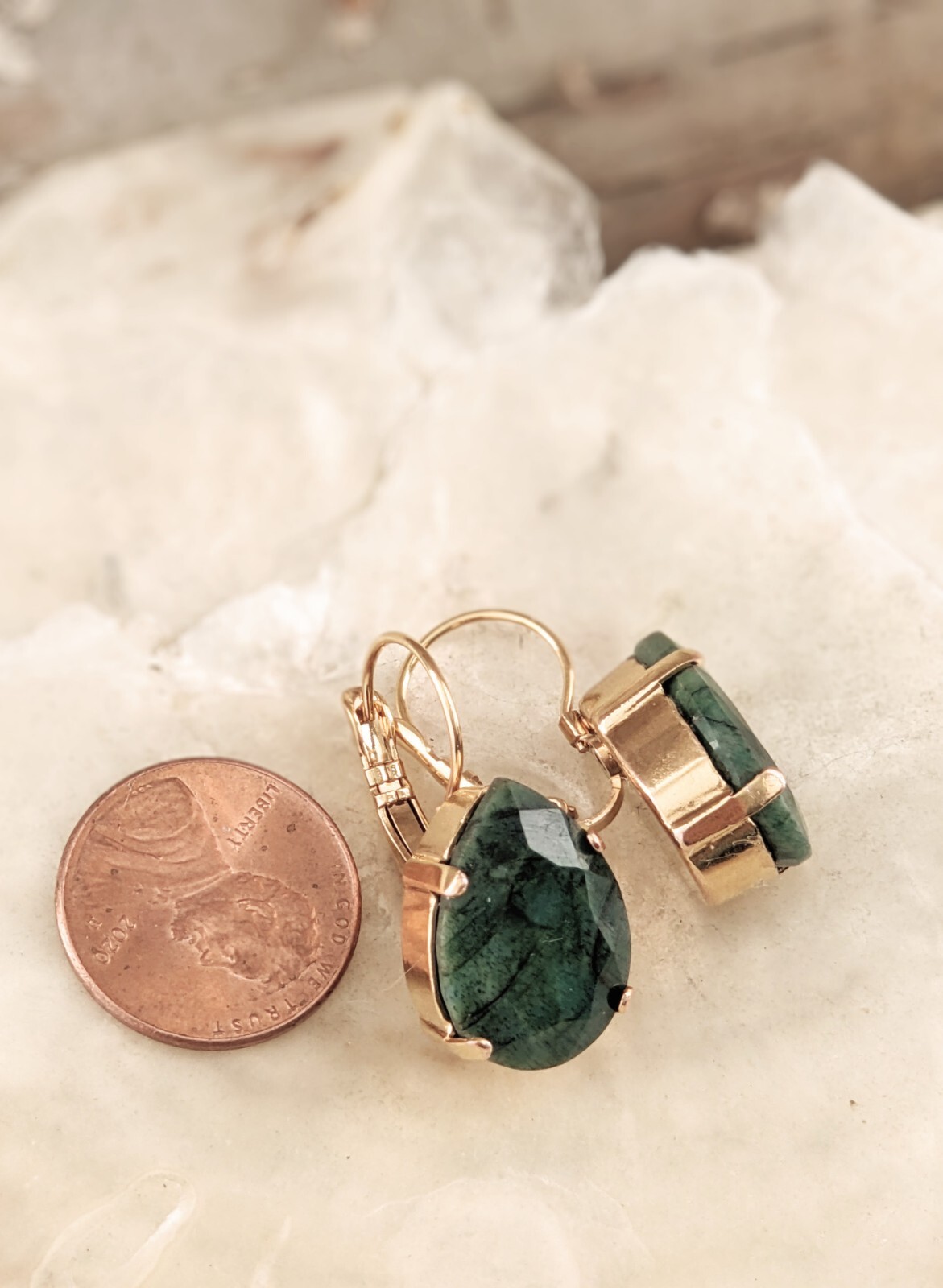 29.0 Total Carats Natural Emerald Rough Cut In Drop 18k Gold Plated Earrings