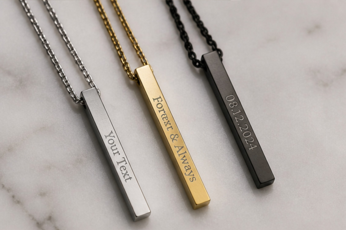 Personalized 3D Vertical Bar Necklace • Custom Engraved 4 Sided Pendant