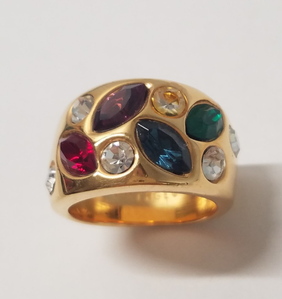 18K HGE Ring Size 7 Gold Band Multi-Colored Glass Stones Marquise Cut 5329