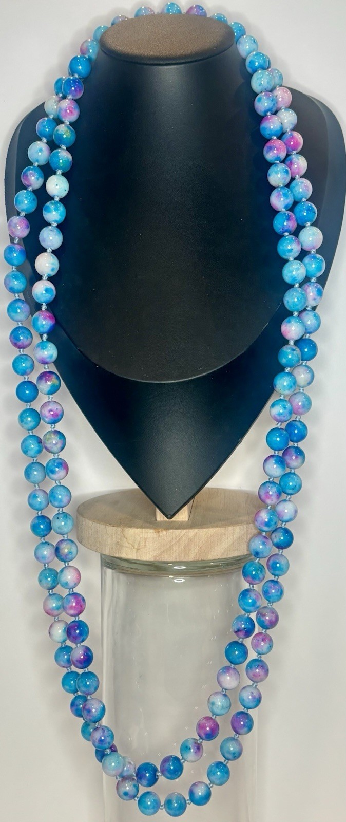Flapper Necklace 72” Dyed Quartz 10mm Endless Opera Bead Blue Purple Knotted