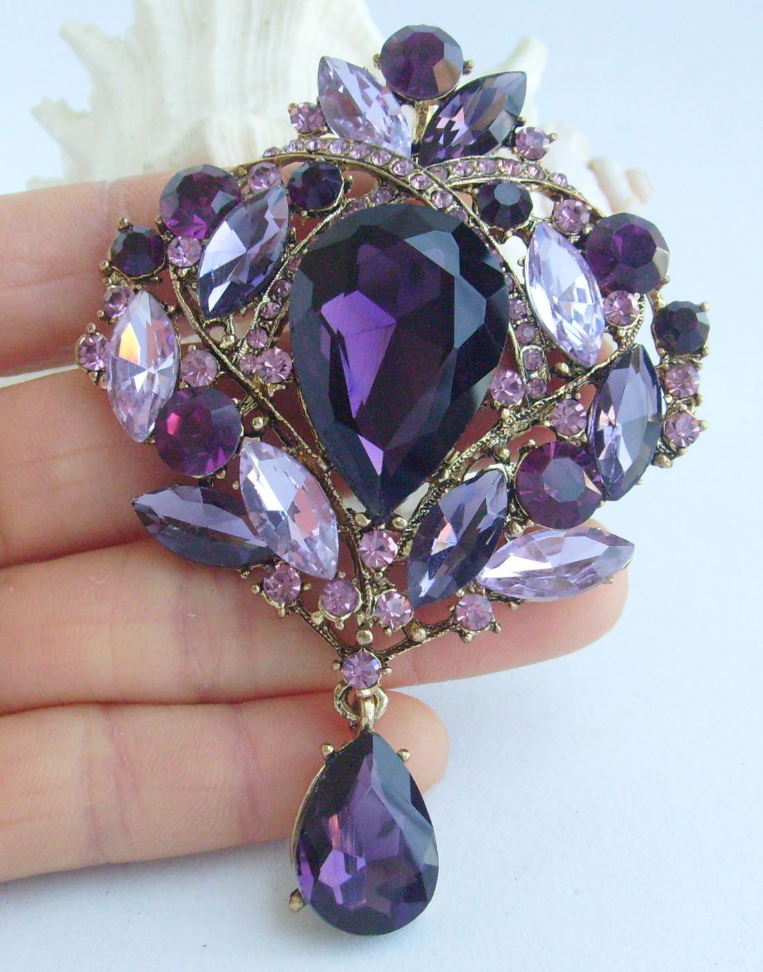 Luxury 3.54″ Purple Rhinestone Crystal Teardrop Brooch Pin Pendant 04082C7