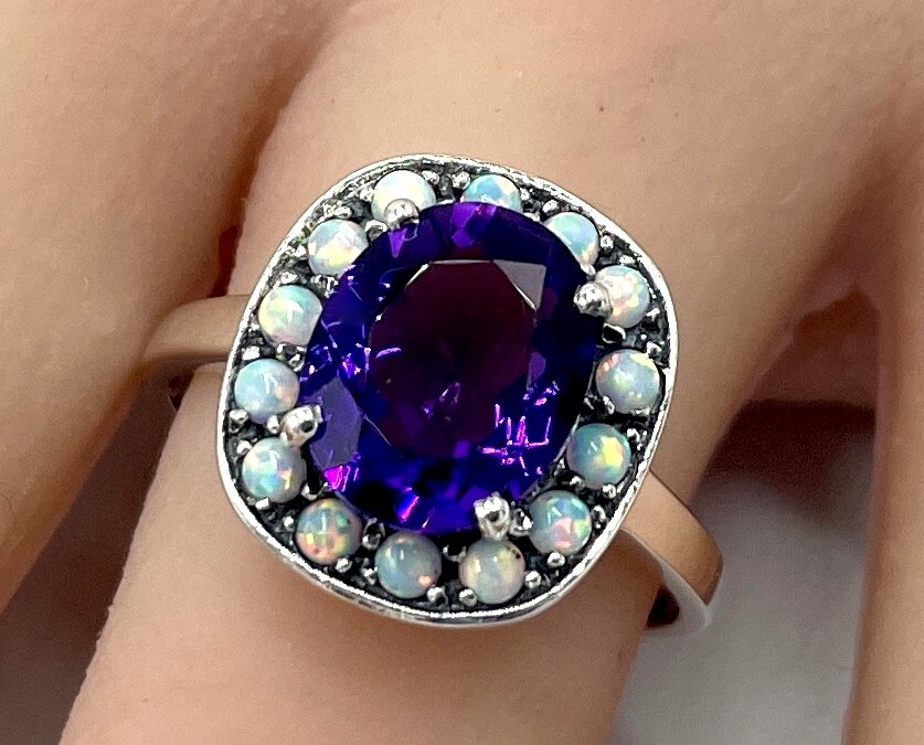 ART DECO STYLE 2.50 CT LAB-CREATED AMETHYST OPAL 925 STERLING SILVER RING #1086