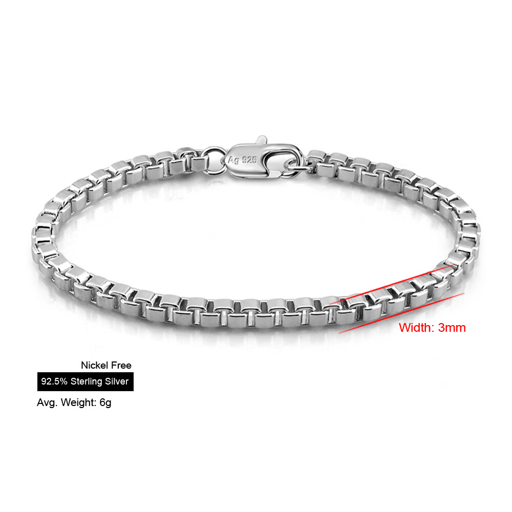 Solid 925 Sterling Silver Women’s 3mm Italian Venetian BOX Chain Link Bracelet