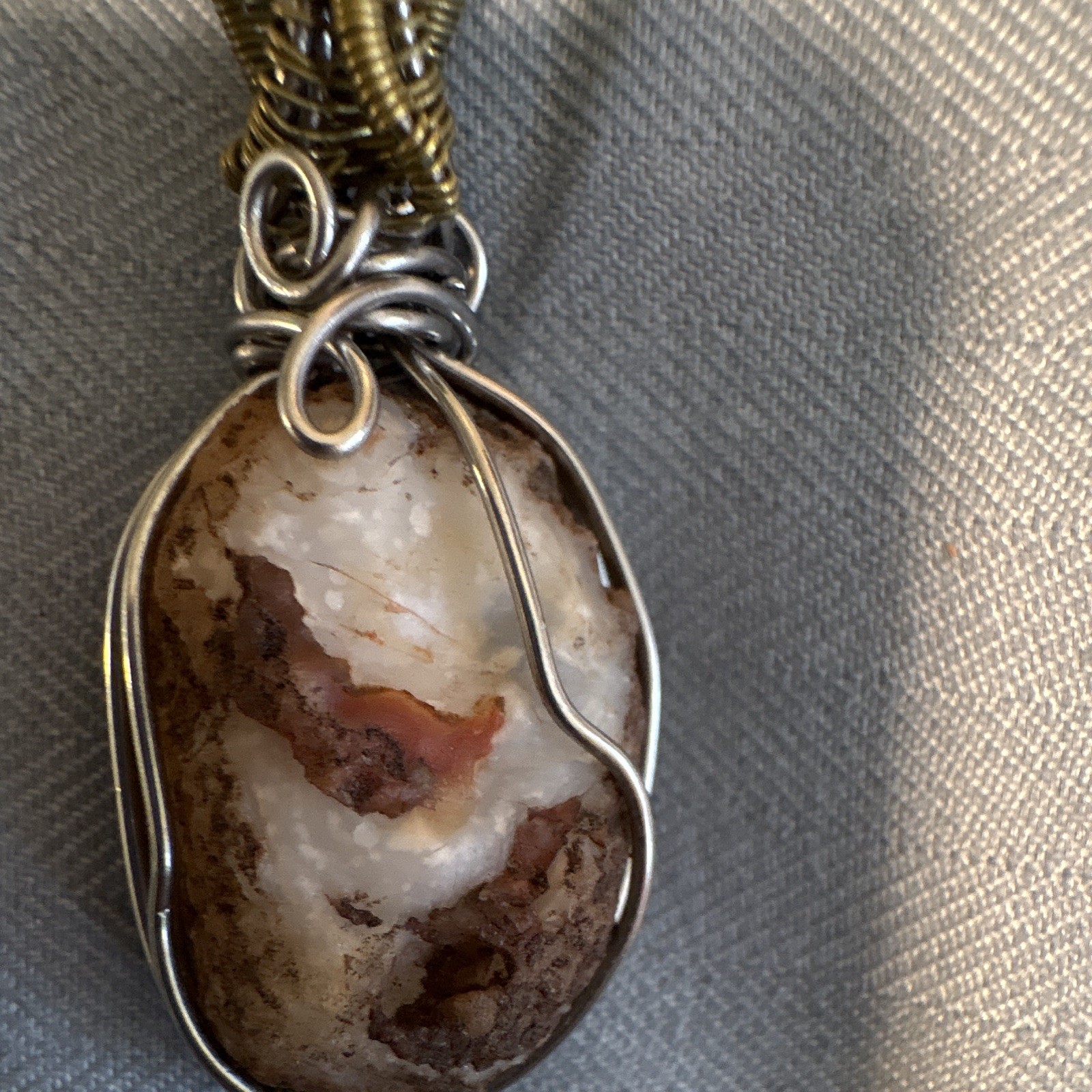 Wire Wrapped Agate & Quartz Oval Charm Pendant Necklace Silver Gold Cord Boho