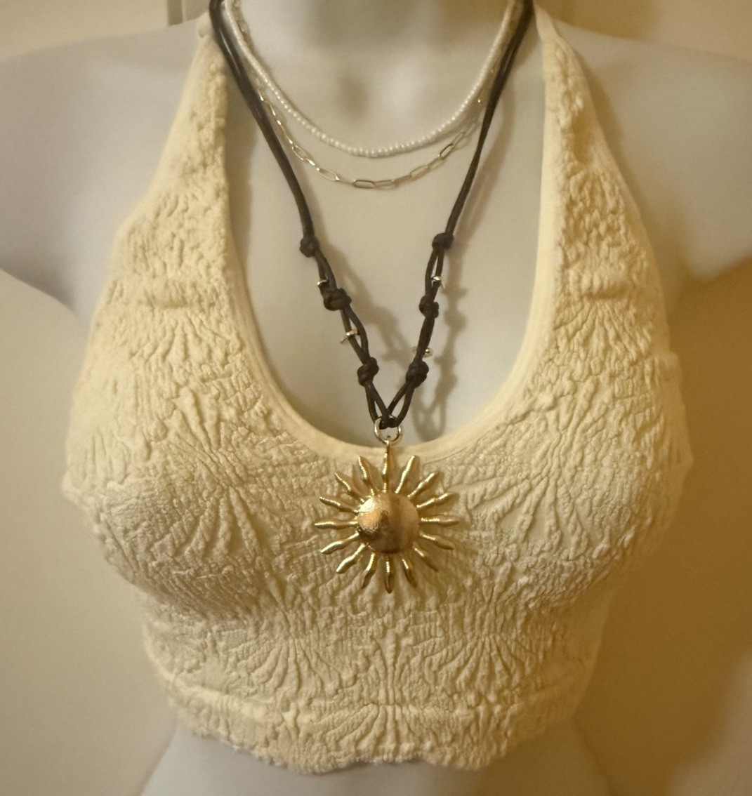 Free People Layered Sun Pendant Necklace Brown Cord Gold Boho Adjustable