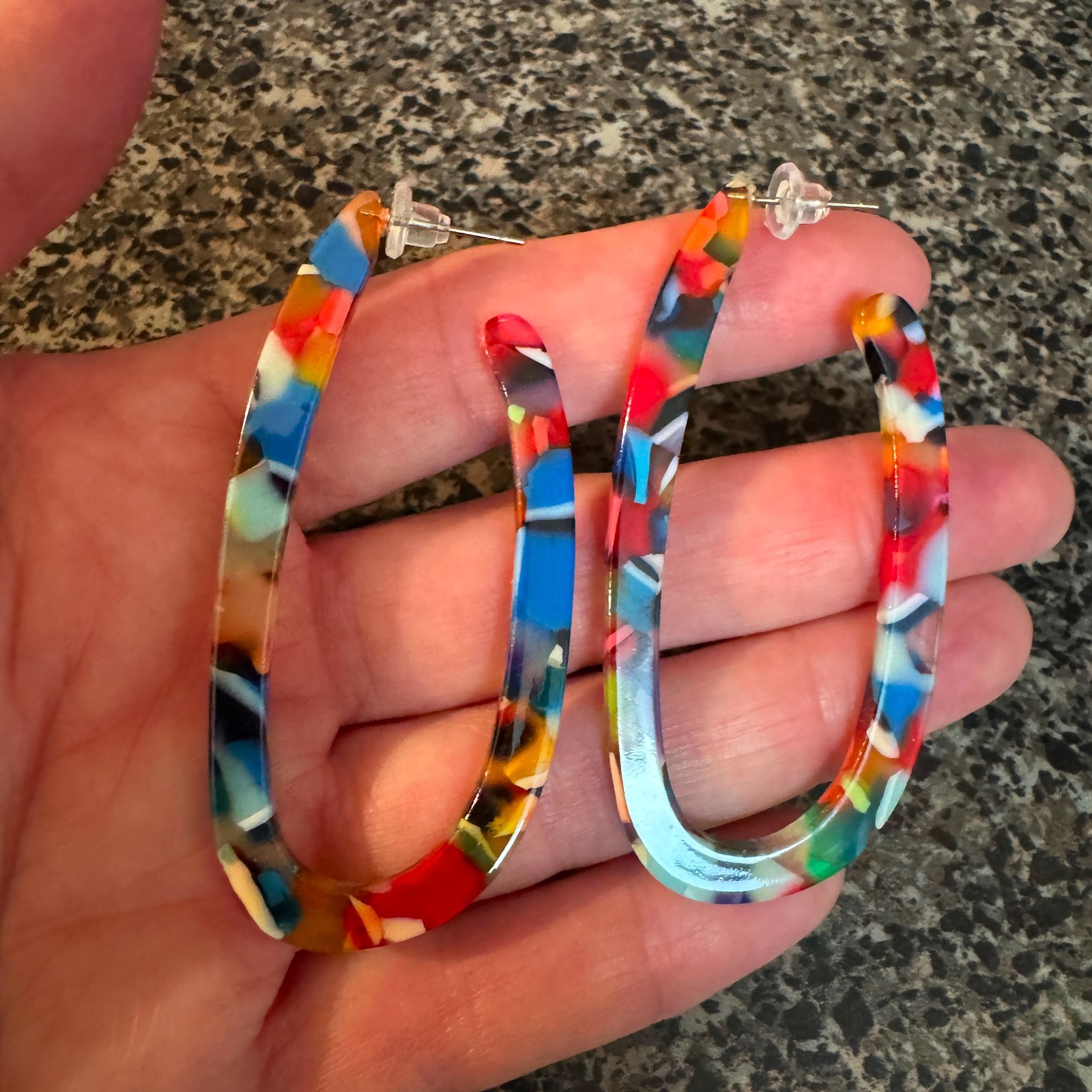 New Multicolor Resin Acrylic Oval Hoop Earrings Confetti Terrazzo Statement 3″