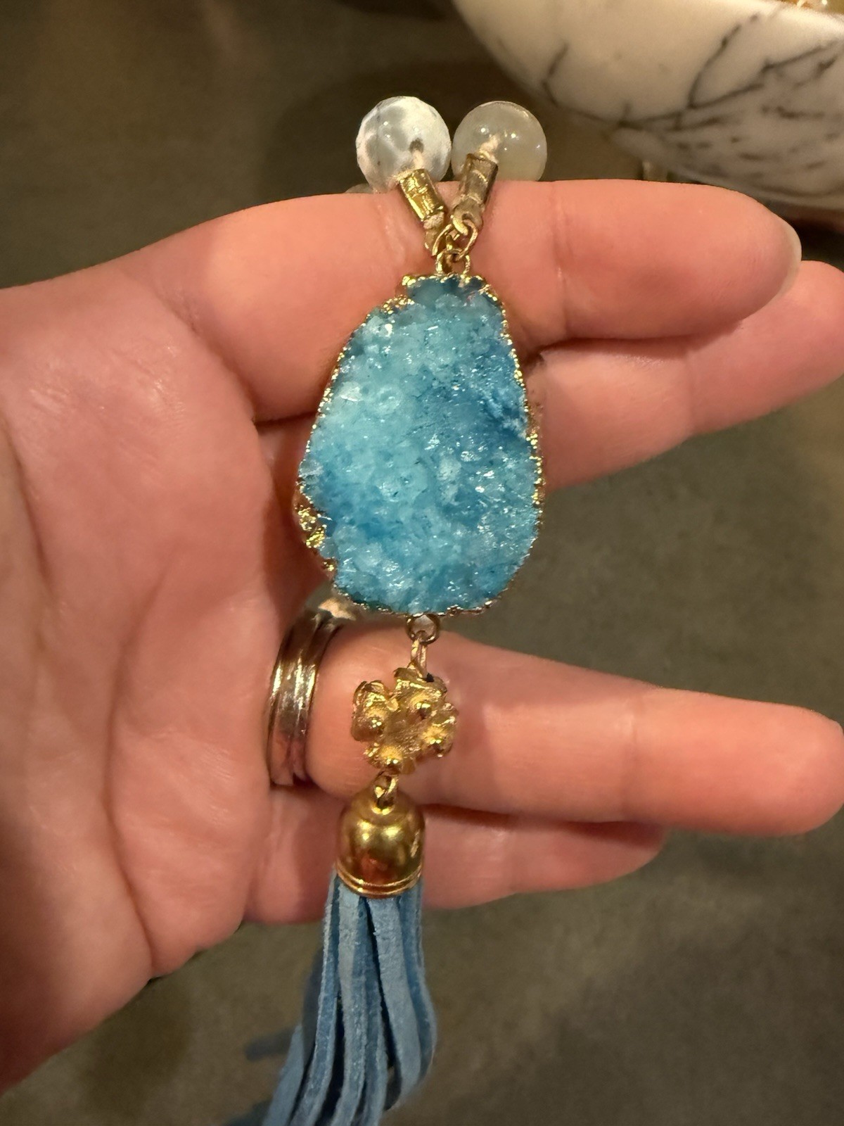 Susan Shaw Druzy Stone Tassel Necklace Blue Stone 33 To 35 In Adj
