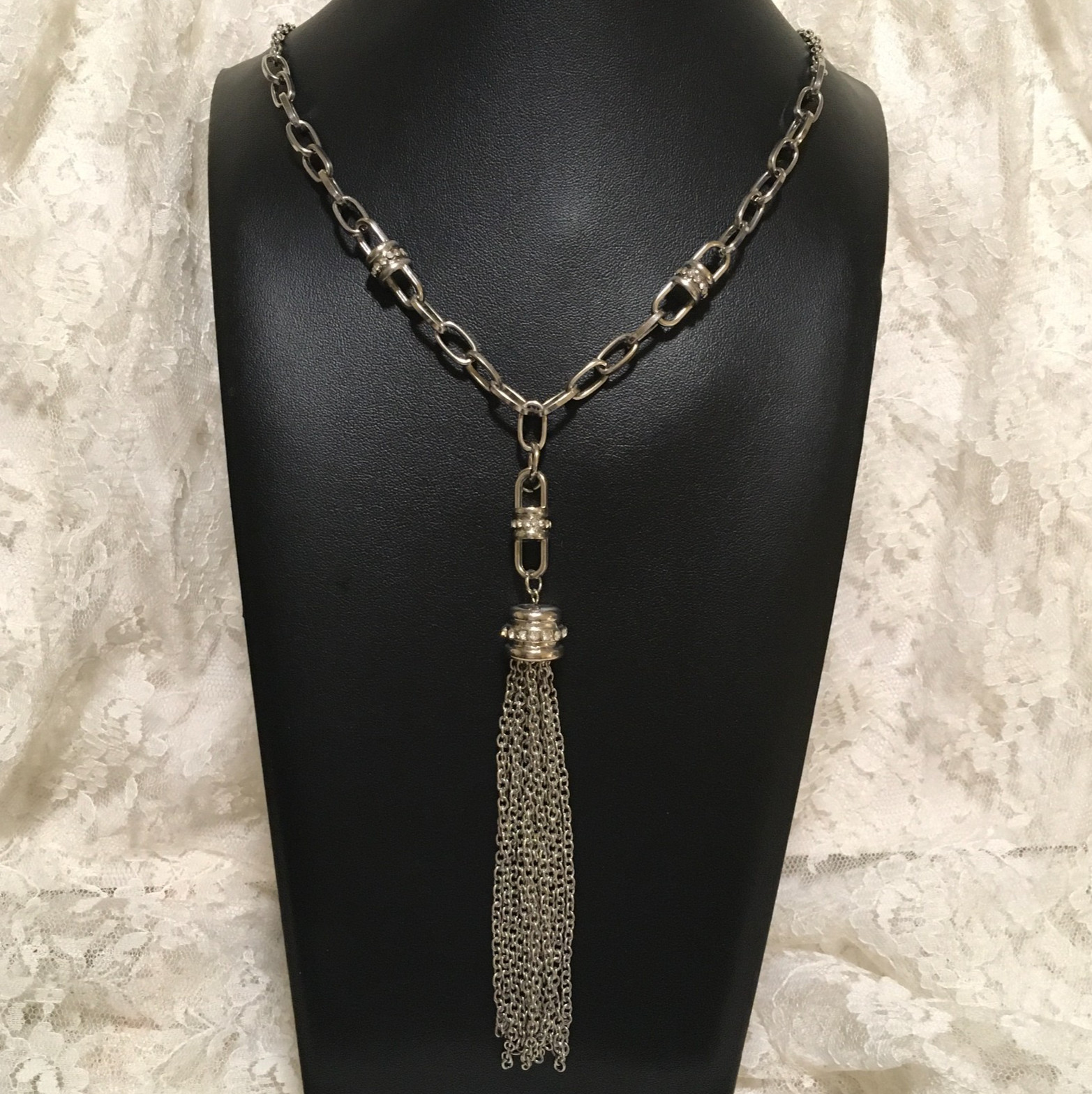 Vintage Tassel Lariat Chain Necklace Silver Tone Rhinestones 2000s signed NY