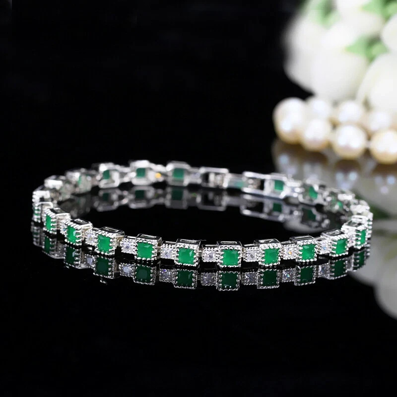 10ct Princess Cut Simulated Emerald Women Tennis Bracelet 14k White Gold Plated