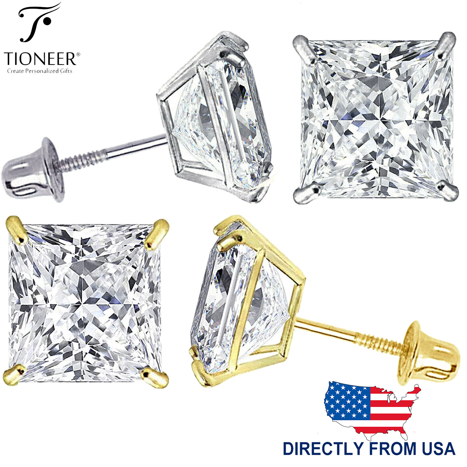 14K White Gold Square Princess Cut Cubic Zirconia Screw Back Ear Stud Earrings