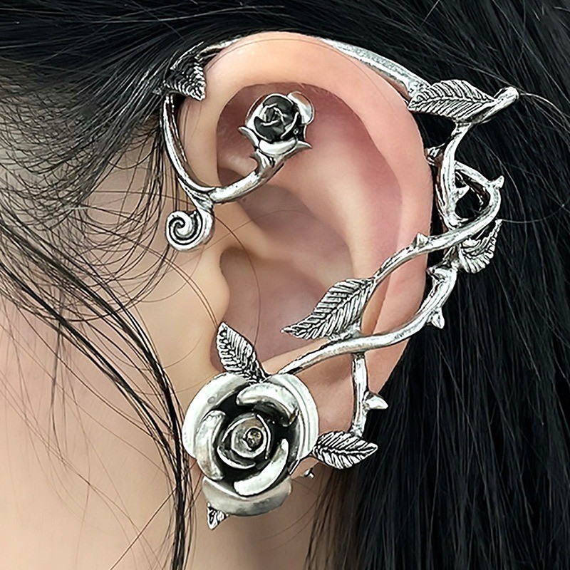 Gothic Rose Ear Wrap Earring Punk Floral Vine Cuff Stud Alternative Jewelry