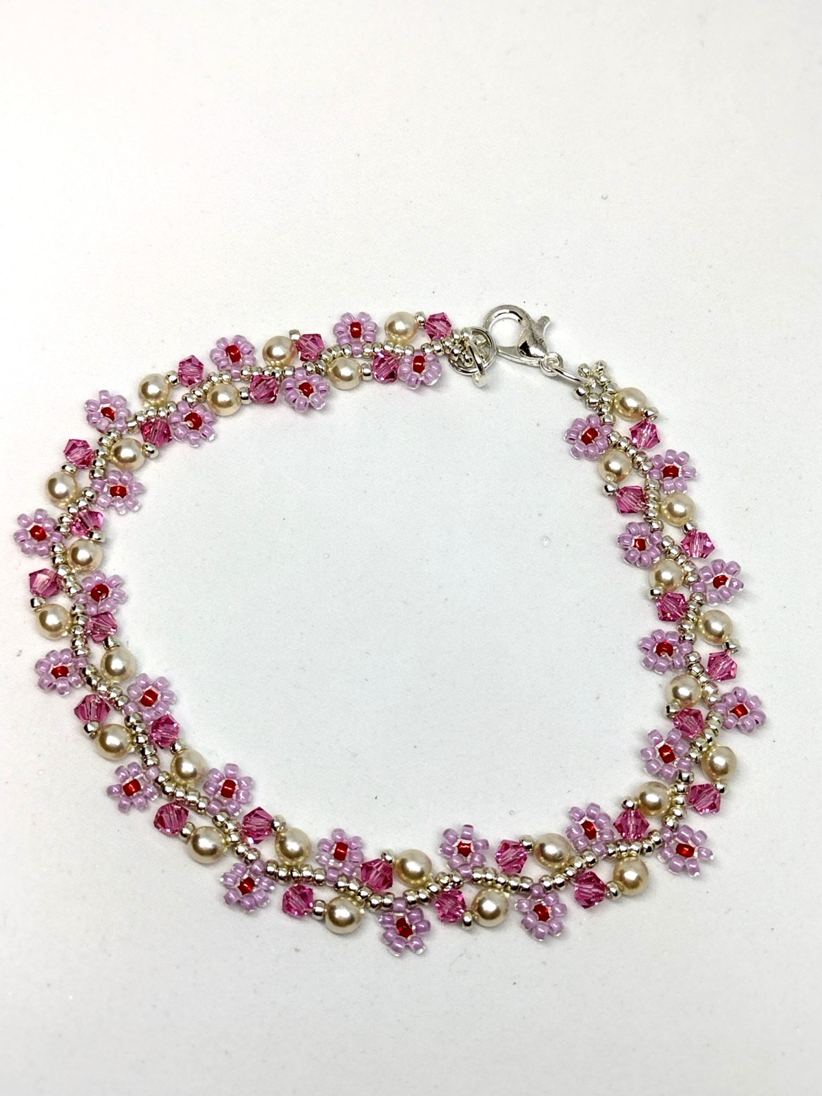 Bracelet 8-inch 3mm White Pearl / Pink Flower / Rose Pink Bicone Crystal Beads.