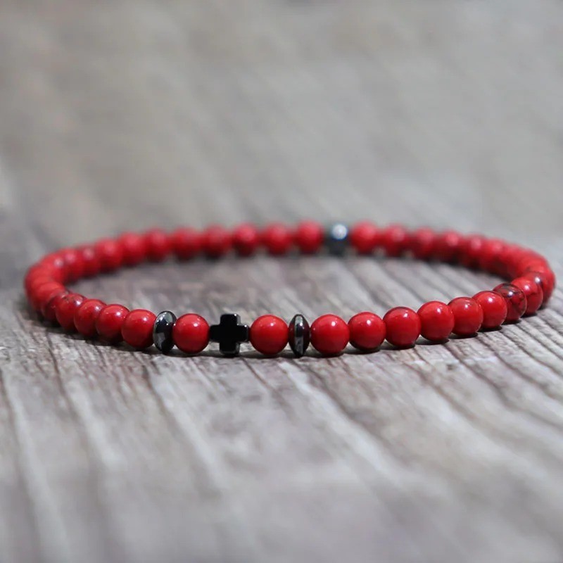 New Men Bracelet Stone Natural Hematite Cross Rice Bead Brazalet Boyfriend Gift