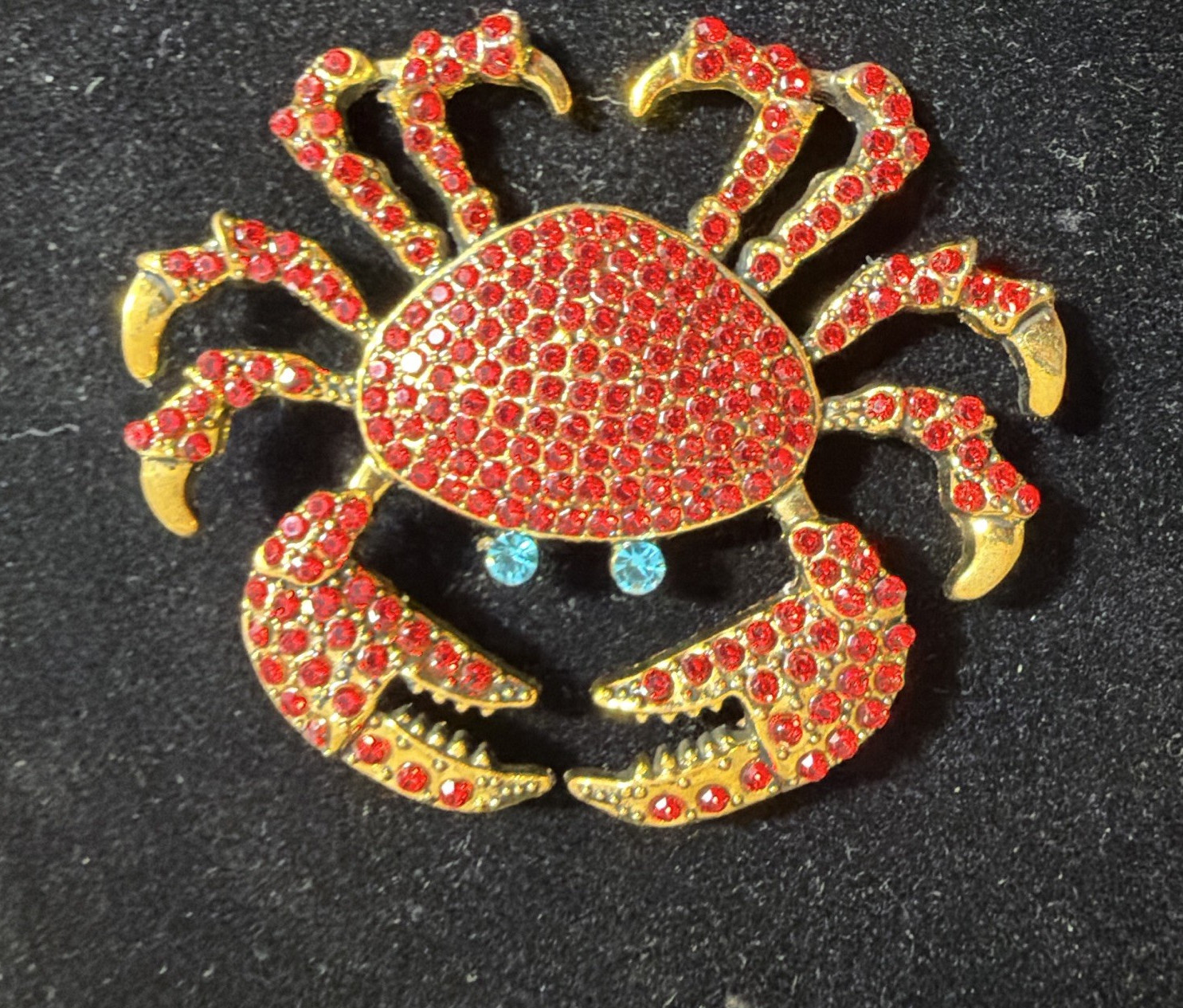Gold Tone Red Rhinestone Crab Brooch Pin Pavé Setting Blue Eyes 2 in