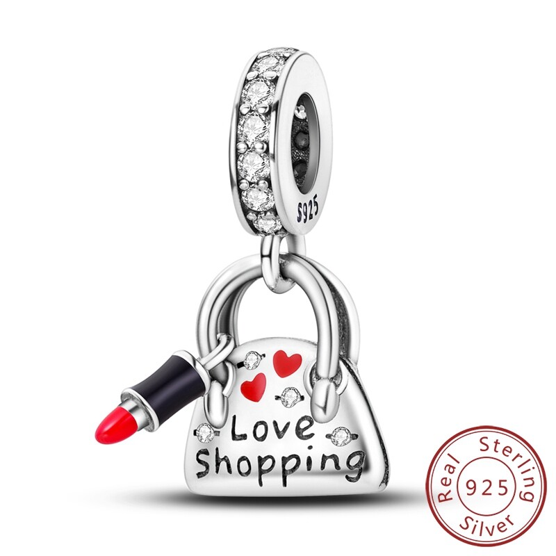 MULA 925 Sterling Silver Charm AAA CZ Lipstick Dangle Handbag fit Bracelet Chain