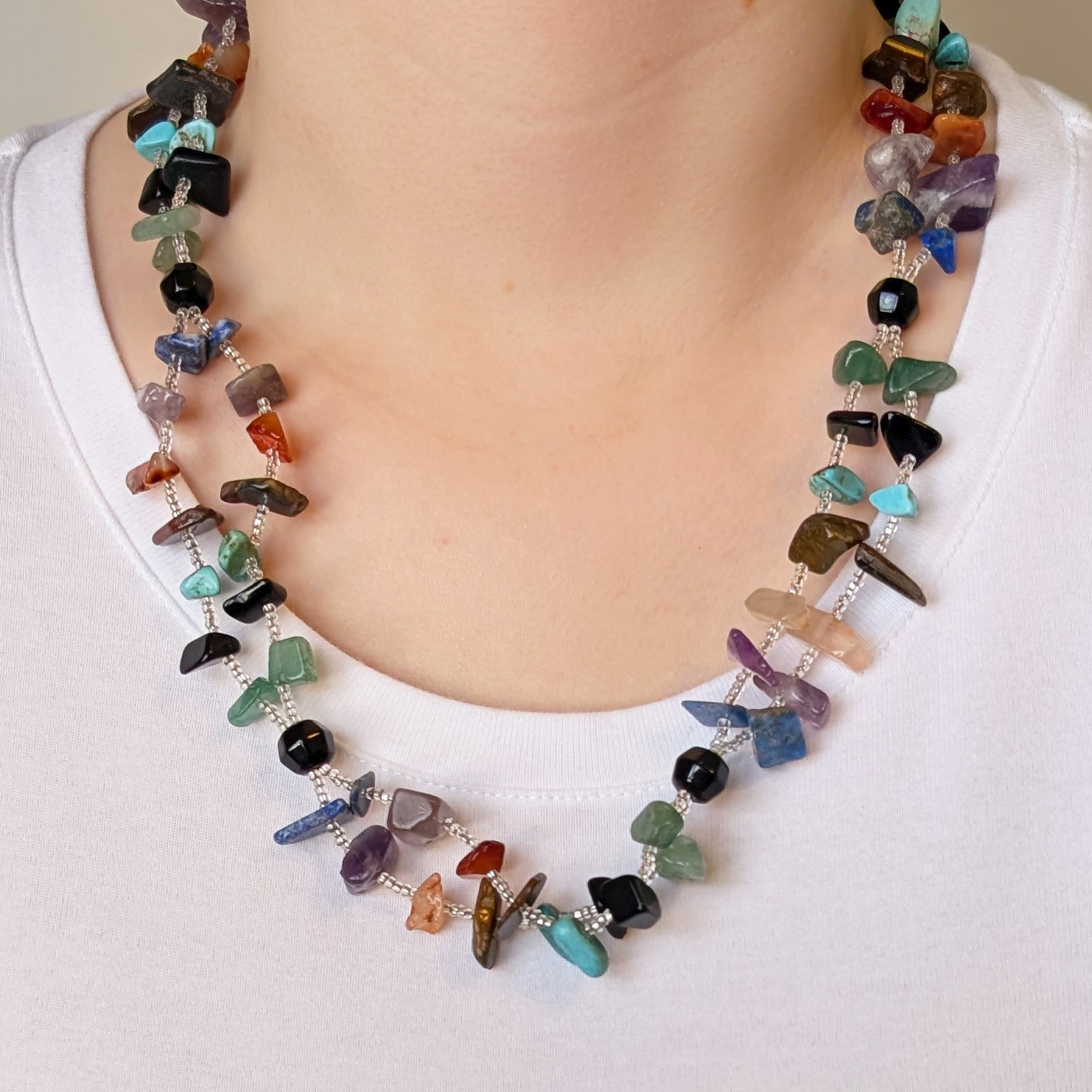 2 Strand Turquoise Lapis Jade Amethyst Quartz Onyx Jasper Chakra Necklace 23 in.