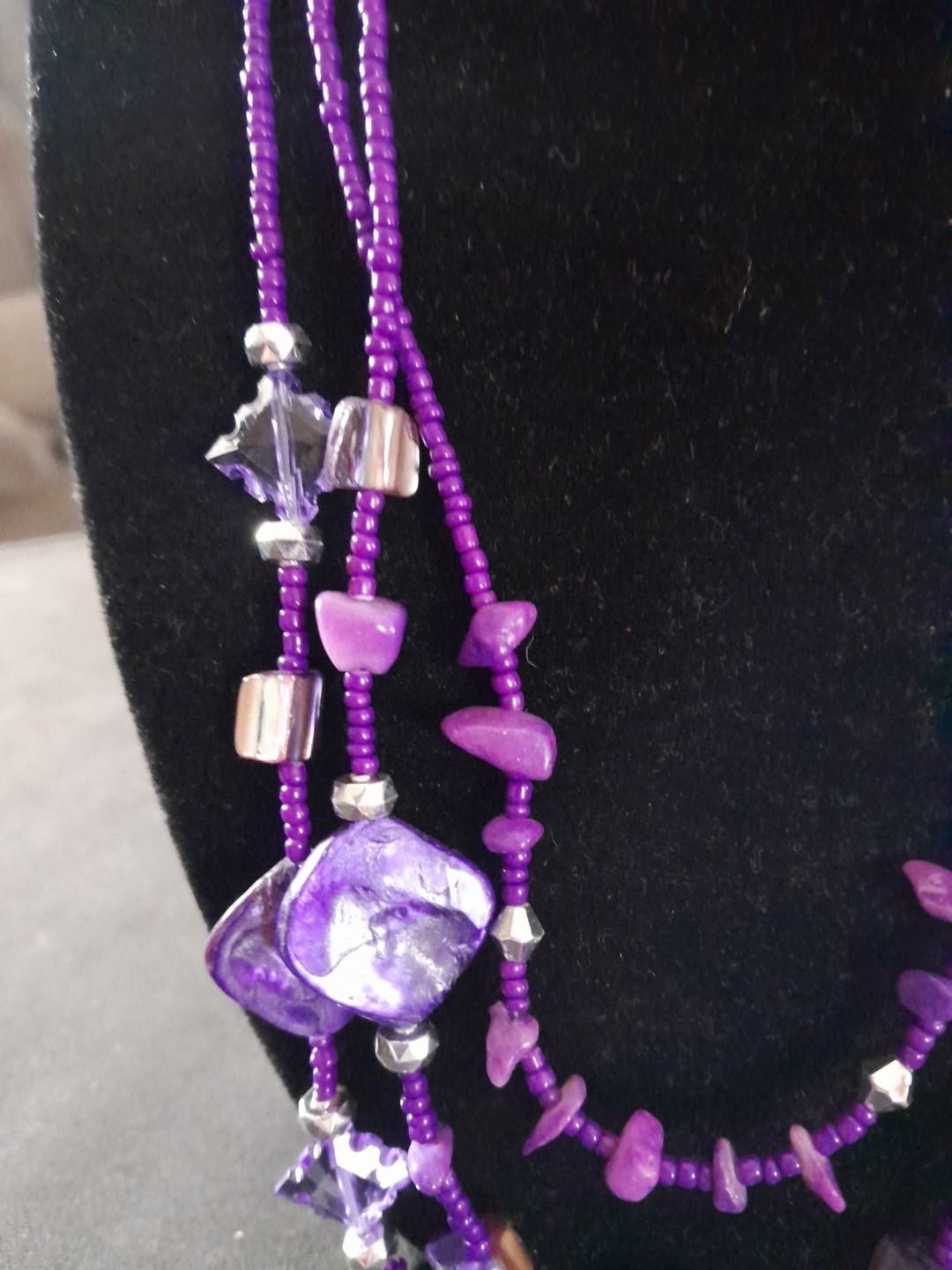 Purple Beaded And Dye Shell Three Strands Necklace