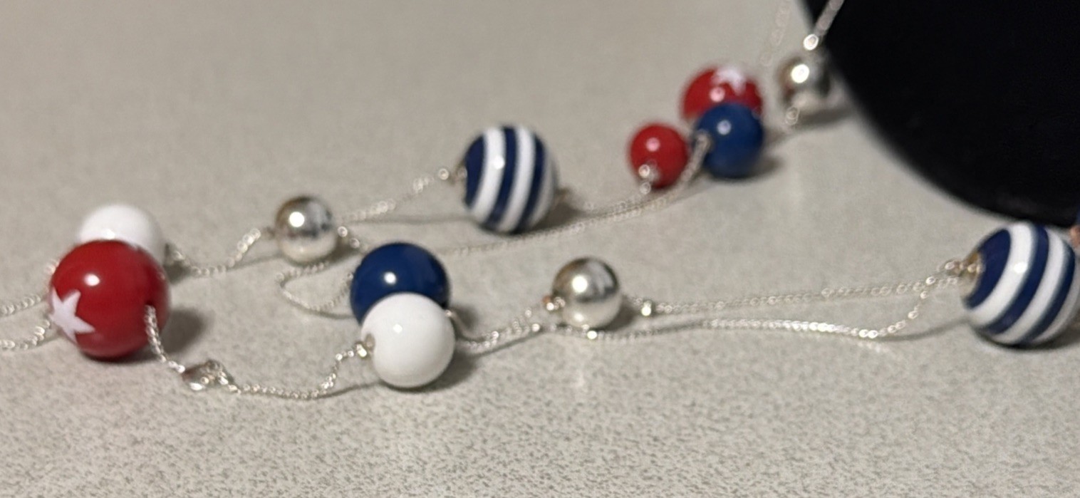 Red White Blue 32” Long Multi Strand Necklace Patriotic Star Stripe Beaded 250th