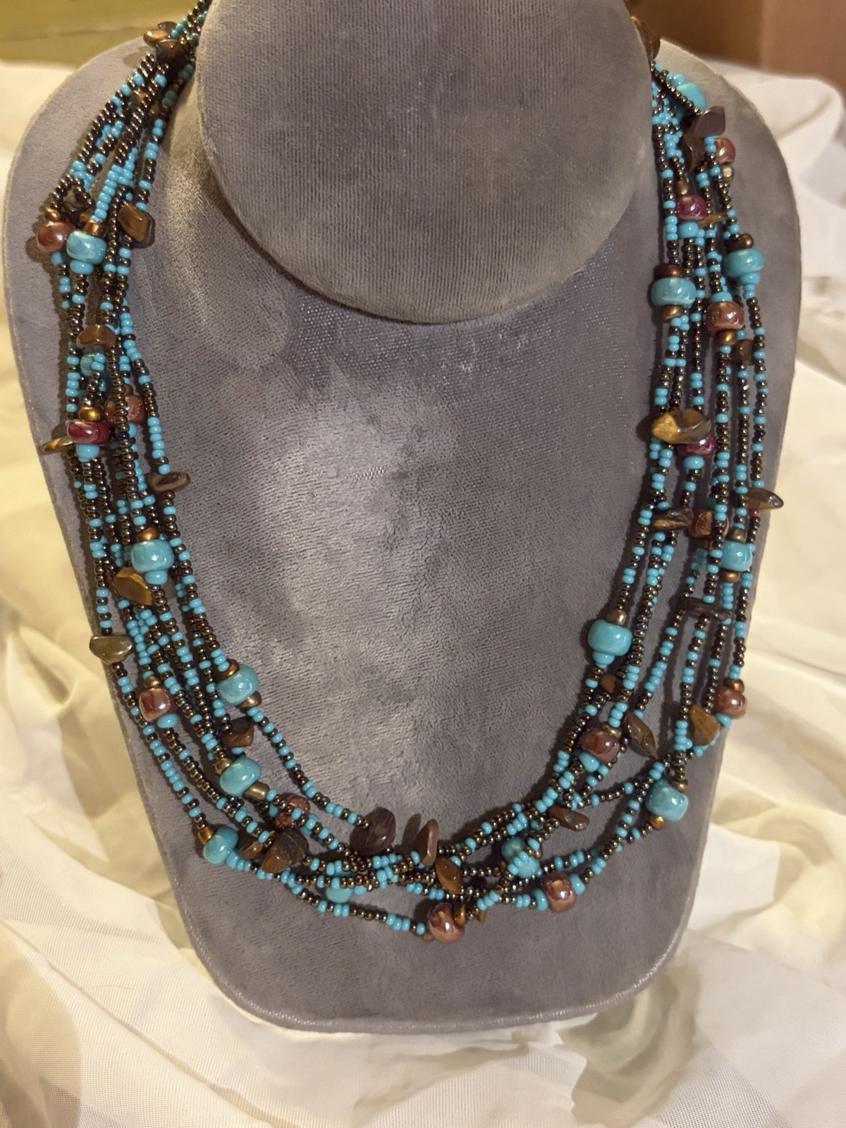 Vintage Multi Strand Turquoise Seed Bead Necklace Boho Southwestern Statement