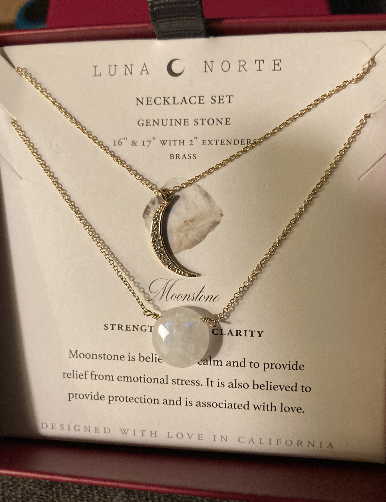Luna Norte Moonstone 14KT Plated Brass Necklace~Strength~Hope~Clarity~ NIB!