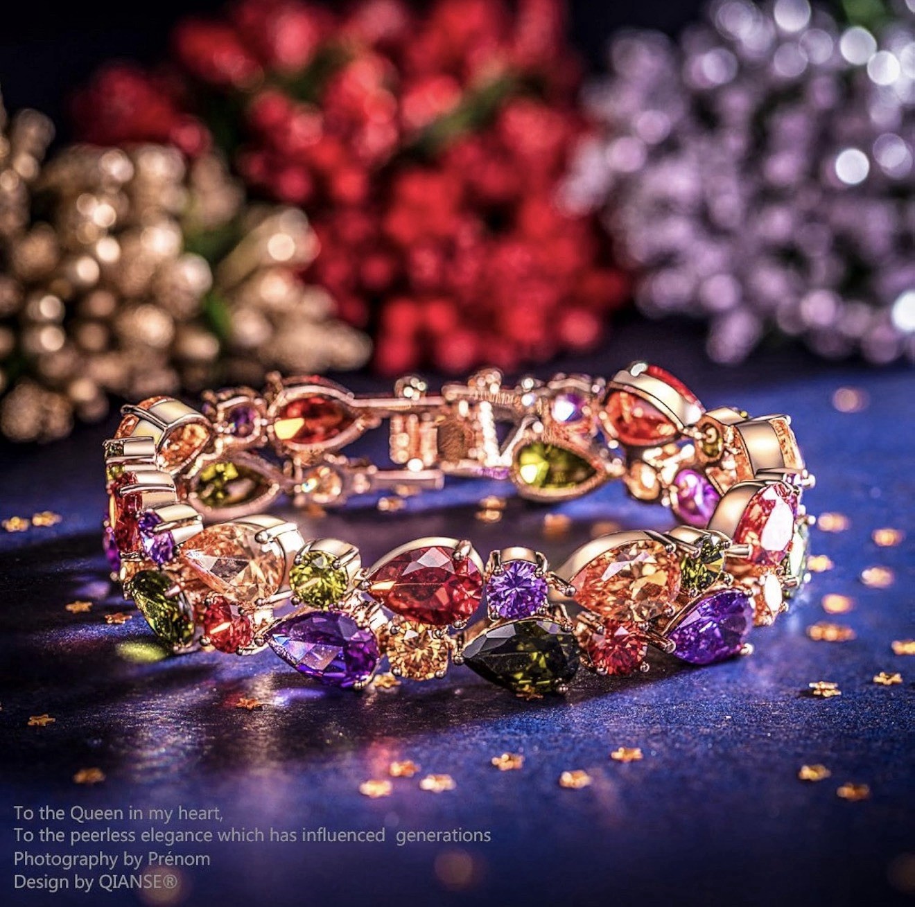 QIANSE Rose Gold Plated Multicolor Teardrop Link Tennis Bracelet 7in
