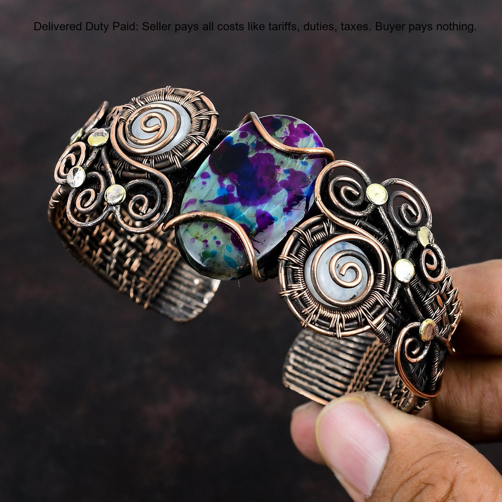 Copper Multi Fire Labradorite Stone Rainbow Moonstone Wire Wrap Bangle Jewelry