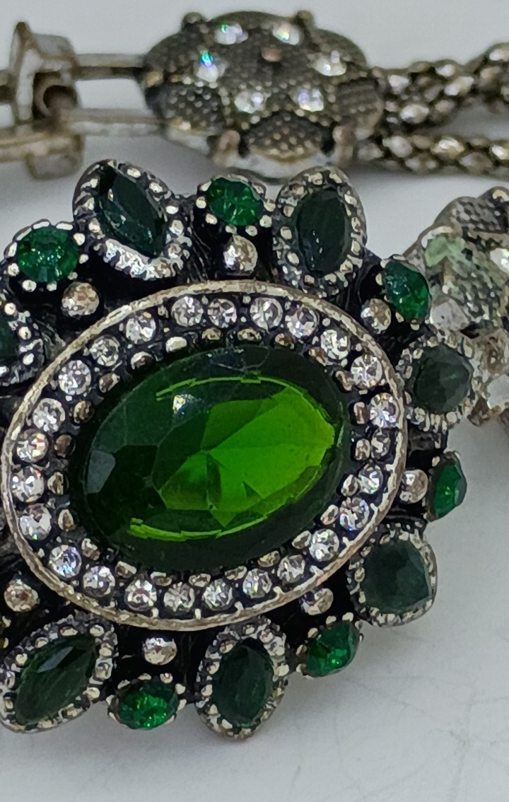 Green Silver Rhinestone Bracelet & Main Street Hypo-Alergenic Pierced Earrings
