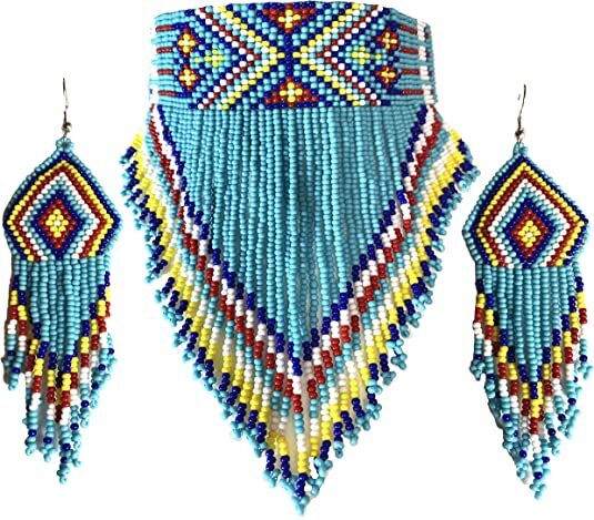 NATIVE BEADED TURQUOISE BLUE HANDCRAFTED CHOKER NECKLACE HOOK EARRINGS SET S18/6