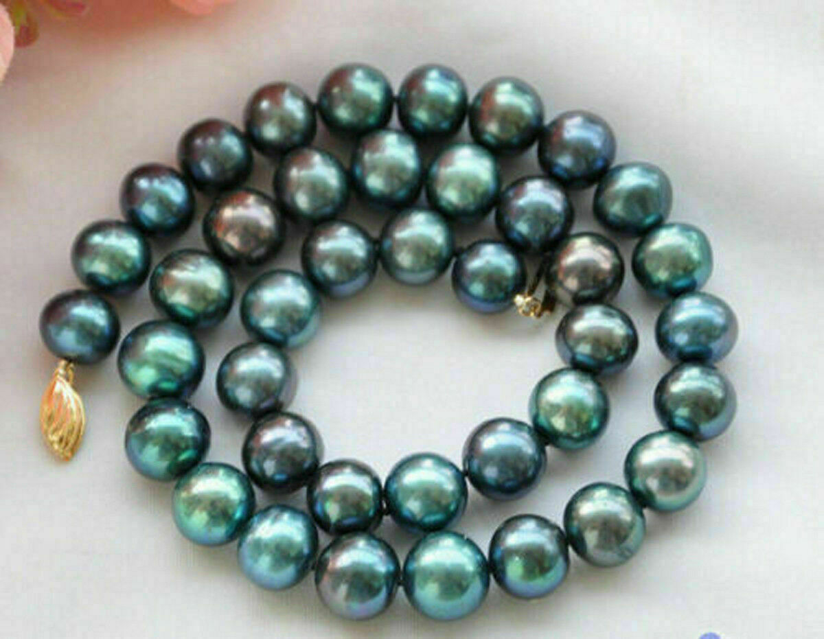 Natural 9-10mm Tahitian Peacock Black Freshwater Cultured Pearl Necklace 18”14K