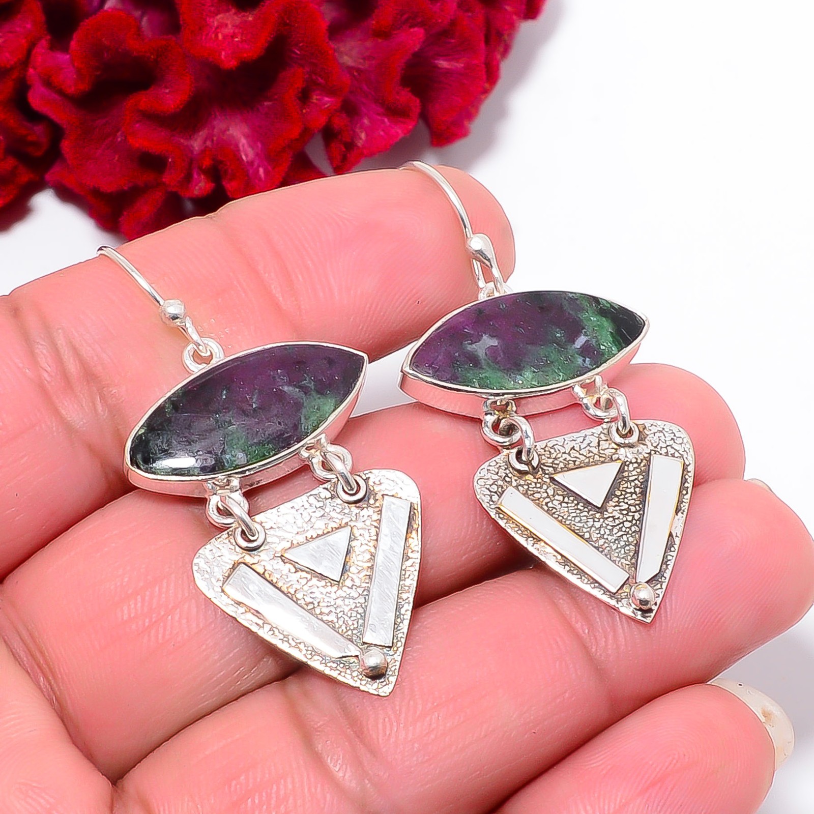 Natural Ruby With Zoisite Handmade 925 Sterling Silver Earring 1.91″ E07110937