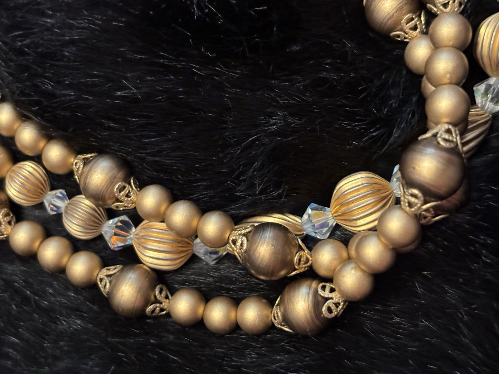 Gold-Tone Multi-Strand Beaded Necklace Clear Crystal Bicone Hook Closure