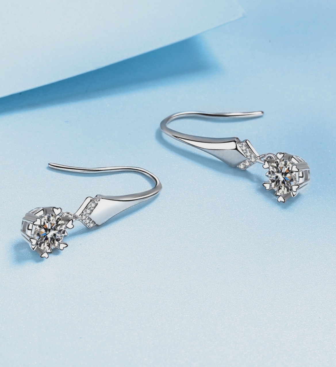 Sparkling Zircon Hanging V-shaped Pave Silver Plated Long Hook Dangle Earrings