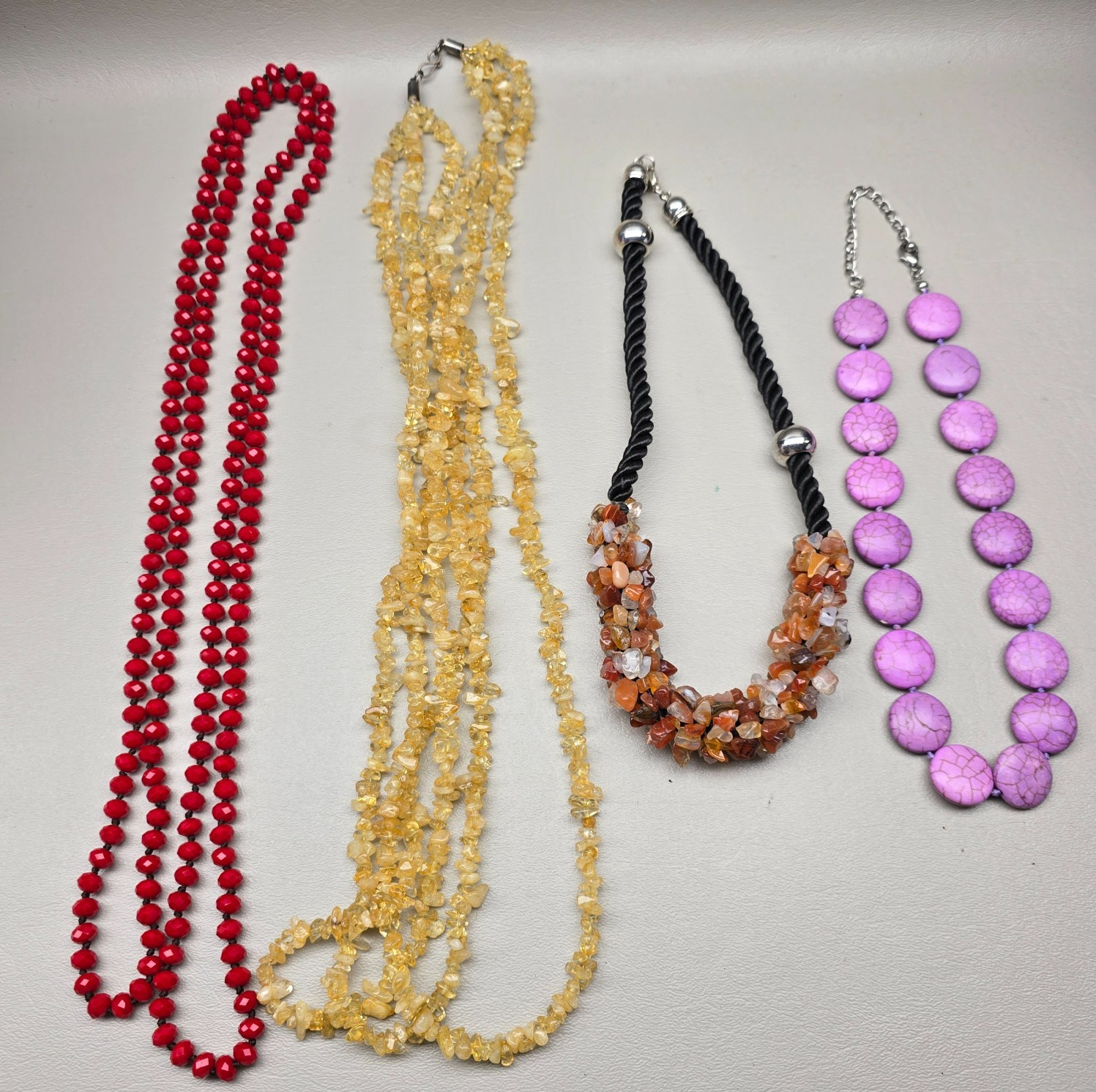Necklace Lot Statement Beaded Red Yellow Chip Stone Purple Disc Jewelry 4 Pcs